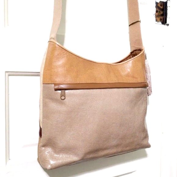 NEW Sharif BOHO WESTERN Beige Brown Patchwork 100% Croc Leather Shoulder Bag - Picture 10 of 14